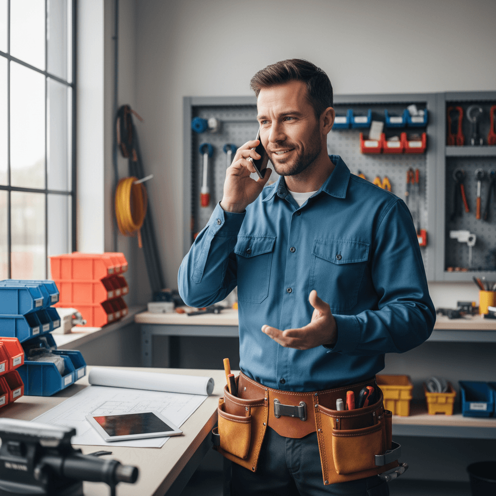 Handwerker nimmt Kundenanfrage entgegen