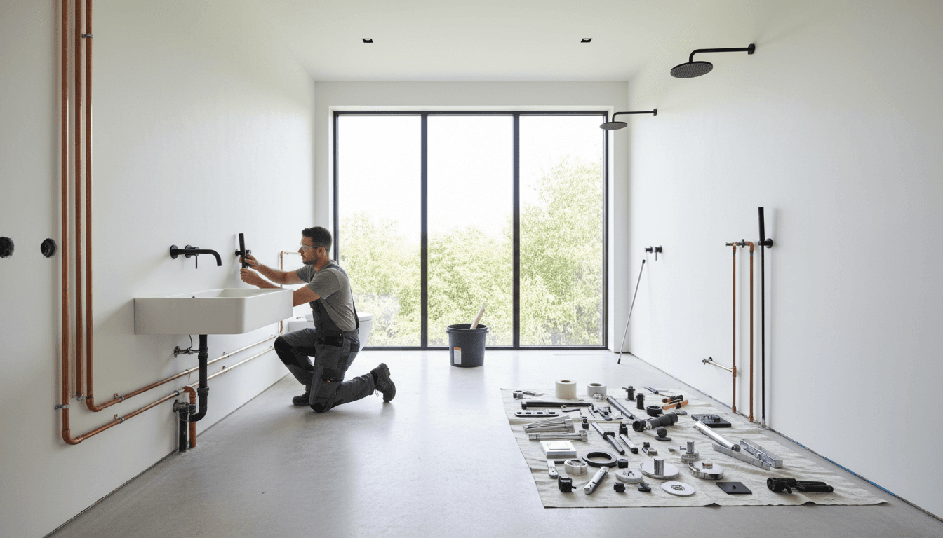 Professional plumber installing modern sanitary fixtures in a bright, light-filled residential bathroom with natural window lighting