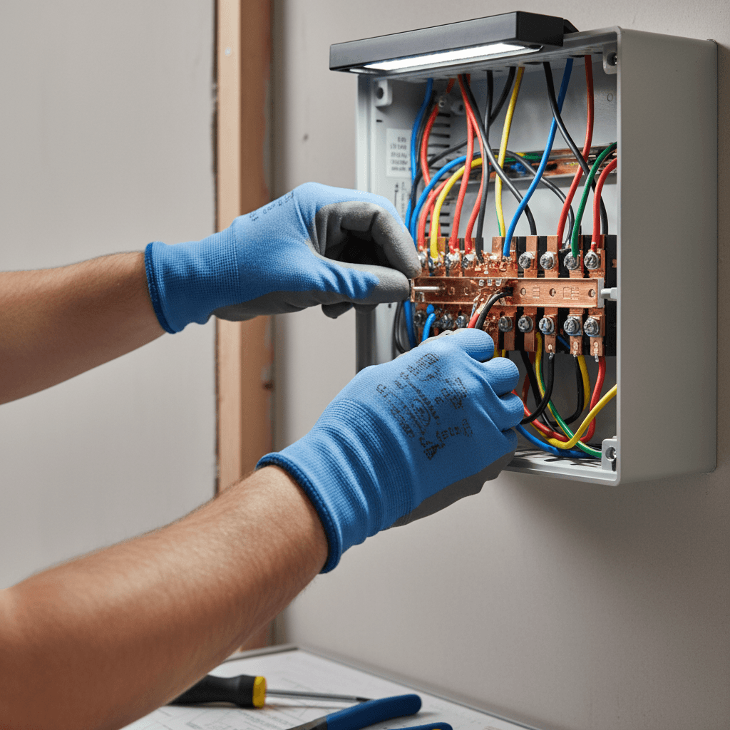 Electrician's gloved hands installing wiring into consumer unit panel with color-coded cables and bright task lighting